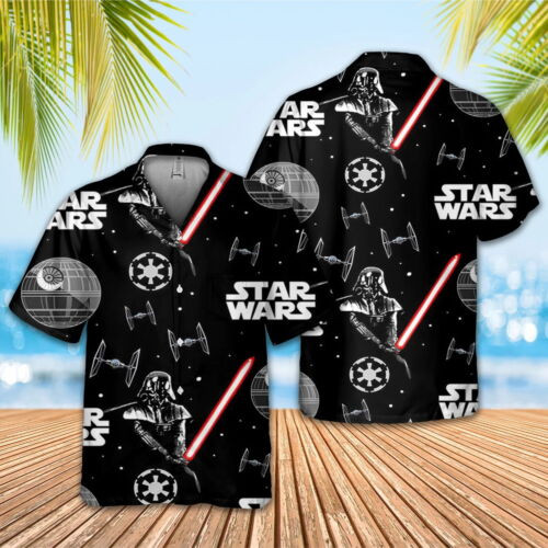 Star Wars Darth Vader With The Galactic Empire Logo, Star Destroyer, TIE Fighter Ship Mens Black Short Sleeve Hawaiian Shirt