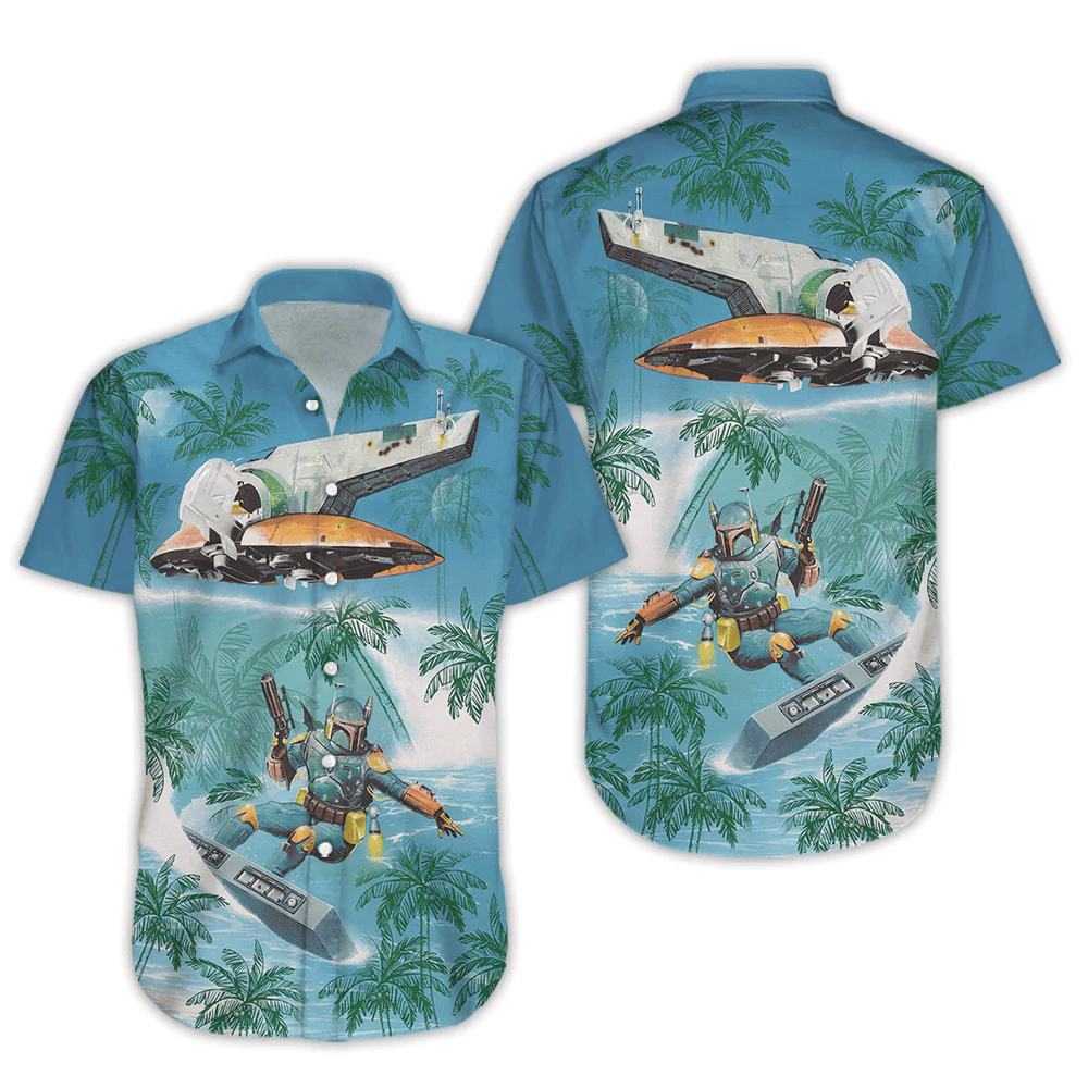 Star Wars Hawaiian Shirt Boba Fett Surf Spaceship Slave I Short Sleeve Shirt