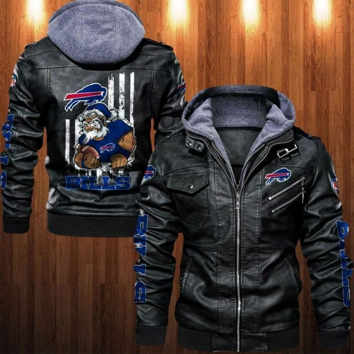 Men's Buffalo-Bills Leather Jacket With Hood, Go Go Buffalo-Bills Black/Brown Leather Jacket Gift Ideas For Fan