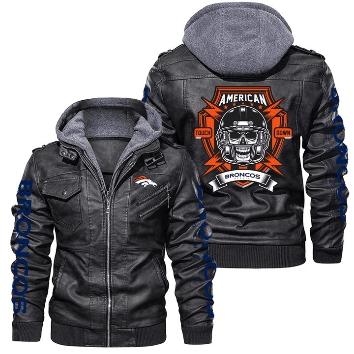 Men's Denver-Broncos Leather Jacket With Hood, Touch Down Denver-Broncos Black/Brown Leather Jacket Gift Ideas For Fan