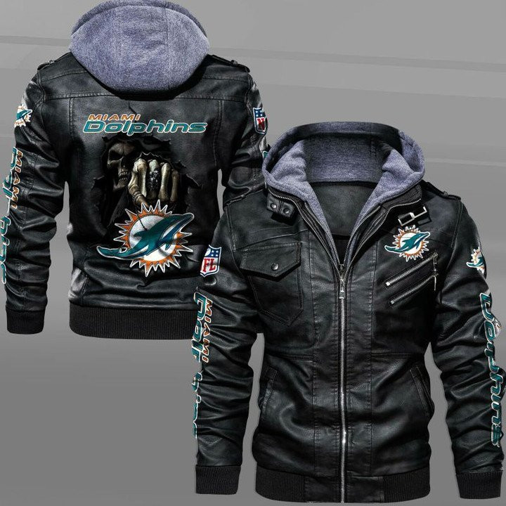 Men's Miamidolphins Leather Jacket With Hood, Dead Skull Miamidolphins Season Black/Brown Leather Jacket Gift Ideas For Fan