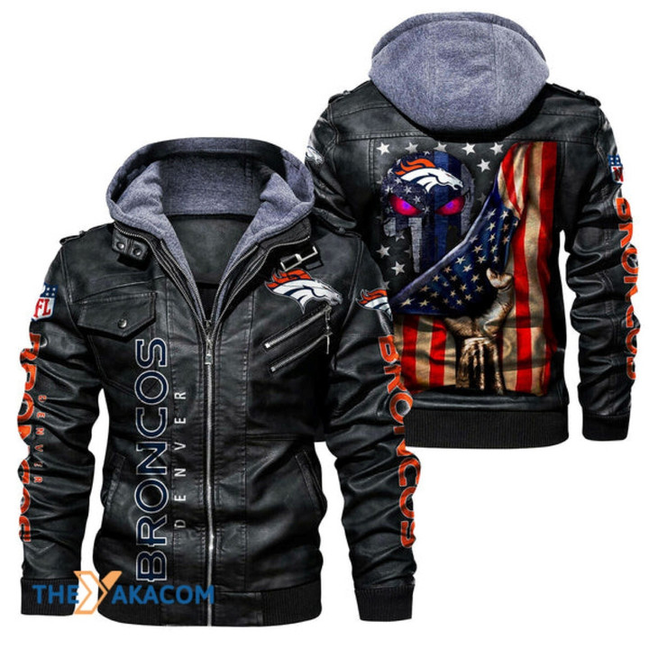 Men's Denver-Broncos Leather Jacket With Hood, Skull American Flag Denver-Broncos Black/Brown Leather Jacket Gift Ideas For Fan