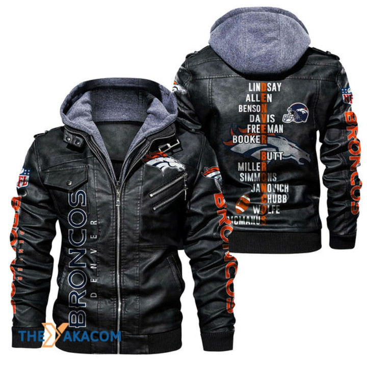 Men's Denver-Broncos Leather Jacket With Hood, Lindsay Allen Denver-Broncos Black/Brown Leather Jacket Gift Ideas For Fan