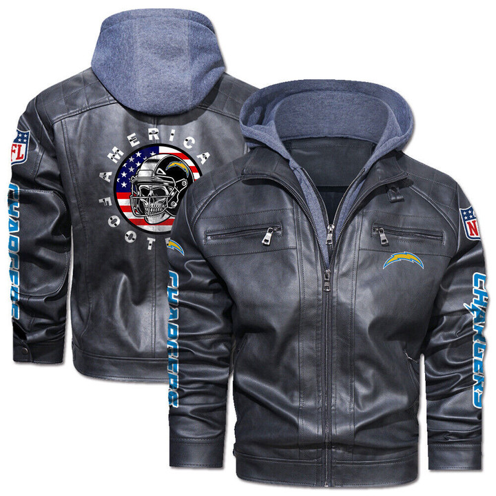 Men's Los-Angeles-Chargers Leather Jacket With Hood, Skull Motorcycle Los-Angeles-Chargers Black/Brown Leather Jacket Gift Ideas For Fan