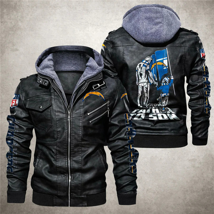 Men's Los-Angeles-Chargers Leather Jacket With Hood, From Father To Son Los-Angeles-Chargers Black/Brown Leather Jacket Gift Ideas For Fan