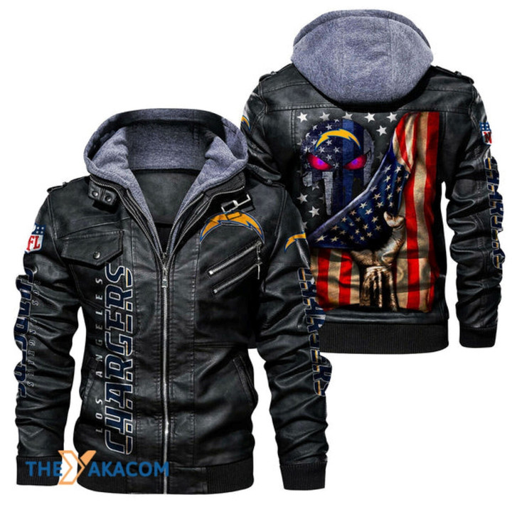 Men's Los-Angeles-Chargers Leather Jacket With Hood, Skull American Flag Los-Angeles-Chargers Black/Brown Leather Jacket Gift Ideas For Fan