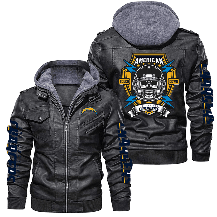 Men's Los-Angeles-Chargers Leather Jacket With Hood, American Chargers Touch Down Los-Angeles-Chargers Black/Brown Leather Jacket Gift Ideas For Fan