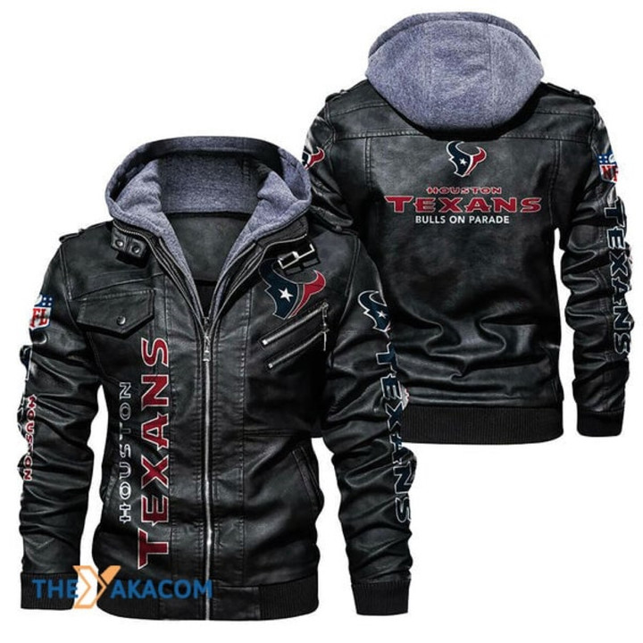 Men's Houston-Texans Leather Jacket With Hood, Bulls On Parade Houston-Texans Black/Brown Leather Jacket Gift Ideas For Fan