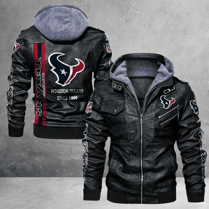 Men's Houston-Texans Leather Jacket With Hood, Since 1999 Houston-Texans Black/Brown Leather Jacket Gift Ideas For Fan