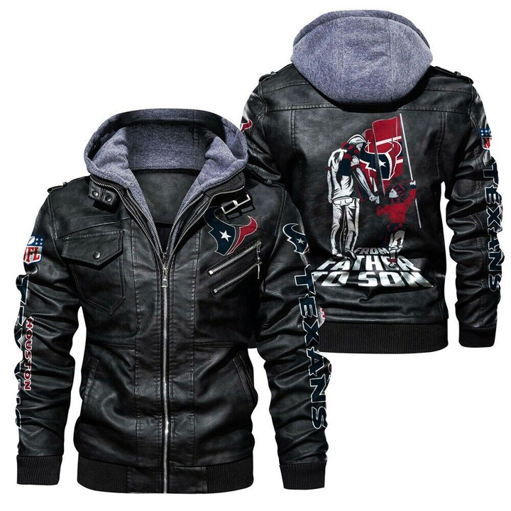 Men's Houston-Texans Leather Jacket With Hood, From Father To Son Houston-Texans Black/Brown Leather Jacket Gift Ideas For Fan