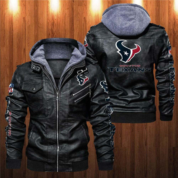 Men's Houston-Texans Leather Jacket With Hood, Badge Houston-Texans Black/Brown Leather Jacket Gift Ideas For Fan