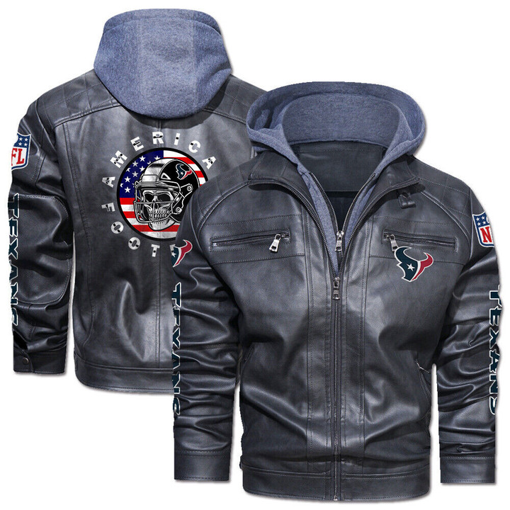 Men's Houston-Texans Leather Jacket With Hood, Skull Motorcycle Houston-Texans Black/Brown Leather Jacket Gift Ideas For Fan