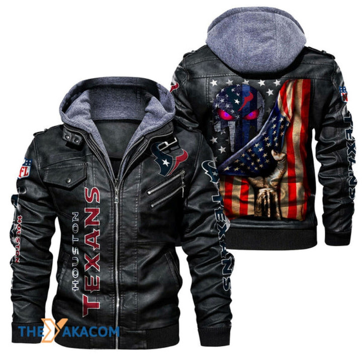 Men's Houston-Texans Leather Jacket With Hood, Skull American Flag Houston-Texans Black/Brown Leather Jacket Gift Ideas For Fan