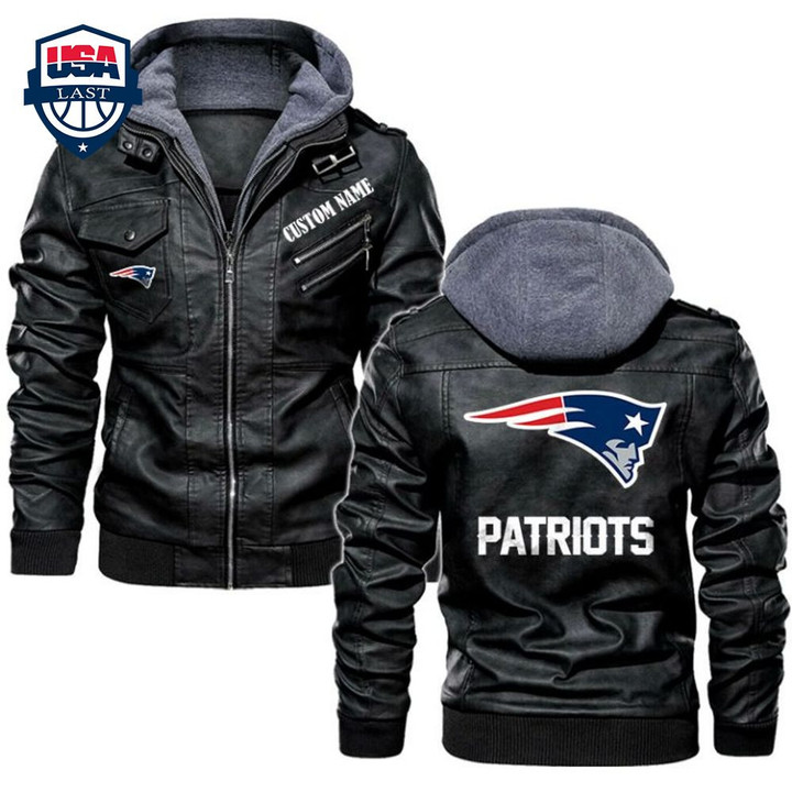Personalized of Men's New England New-England-Patriots Leather Jacket With Hood, Custom Name Patriots Fan Black/Brown Leather Jacket Gift Ideas For Fan