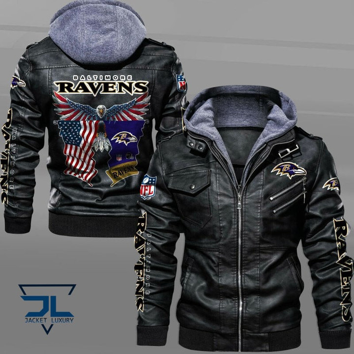 Eagles Veteran Men's Baltimore Baltimore-Ravens Ravens Leather Jacket With Hood, Black/Brown Leather Jacket Gift Ideas For Fan