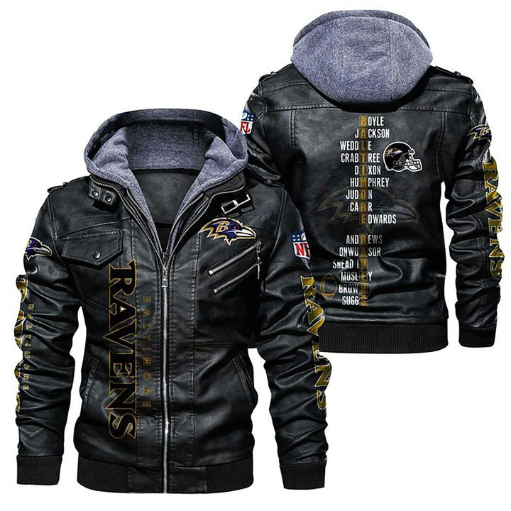 Men's Baltimore Baltimore-Ravens Ravens Leather Jacket With Hood, Player Name Black/Brown Leather Jacket Gift Ideas For Fan