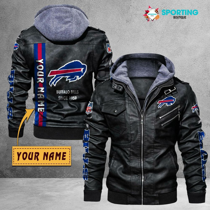 Personalized Men's Buffalo-Bills Leather Jacket With Hood, Custom Name Since 1959 Black/Brown Leather Jacket Gift Ideas For Fan