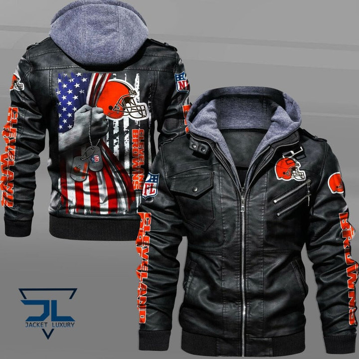 Veteran Men's Cleveland-Browns Leather Jacket With Hood, It's American Cleveland-Browns Black/Brown Leather Jacket Gift Ideas For Fan