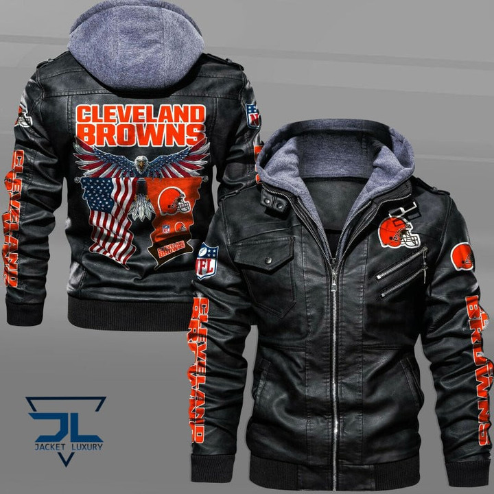 Eagles Veteran Men's Cleveland-Browns Leather Jacket With Hood, It's American Cleveland-Browns Black/Brown Leather Jacket Gift Ideas For Fan