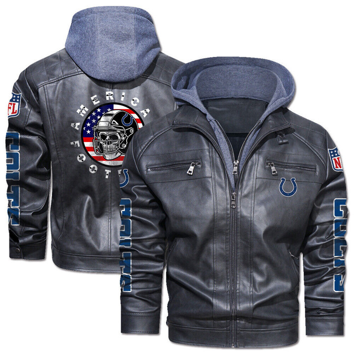 Men's Indianapolis-Colts Leather Jacket With Hood, Skull Motorcycle Indianapolis-Colts Black/Brown Leather Jacket Gift Ideas For Fan