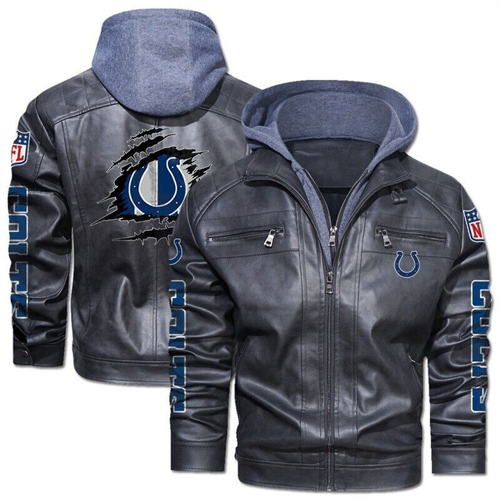 Men's Indianapolis-Colts Leather Jacket With Hood, Go Champion Indianapolis-Colts Black/Brown Leather Jacket Gift Ideas For Fan