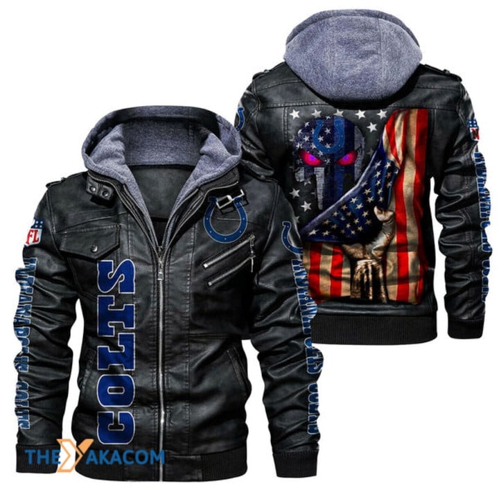 Men's Indianapolis-Colts Leather Jacket With Hood, Skull American Flag Indianapolis-Colts Black/Brown Leather Jacket Gift Ideas For Fan