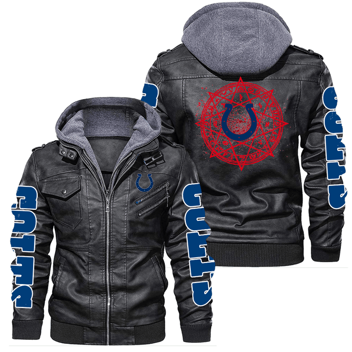 Men's Indianapolis-Colts Leather Jacket With Hood, Vintage Badge Indianapolis-Colts Black/Brown Leather Jacket Gift Ideas For Fan