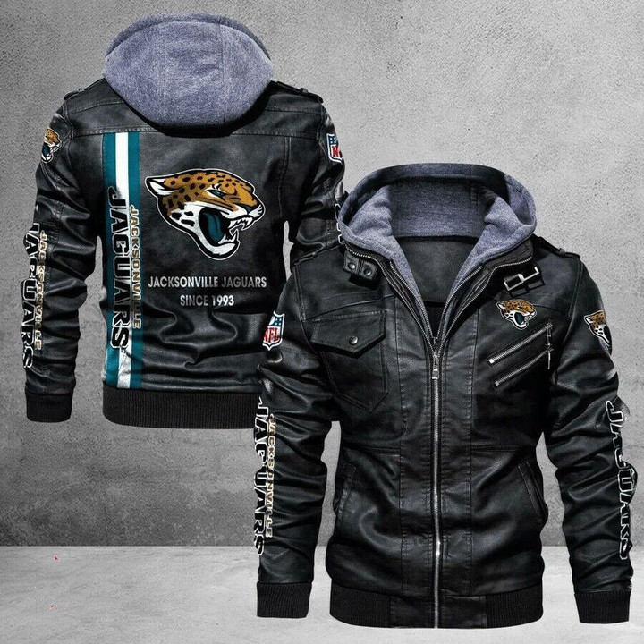 Men's Jacksonville-Jaguars Leather Jacket With Hood, Since 1993 Jacksonville-Jaguars Black/Brown Leather Jacket Gift Ideas For Fan