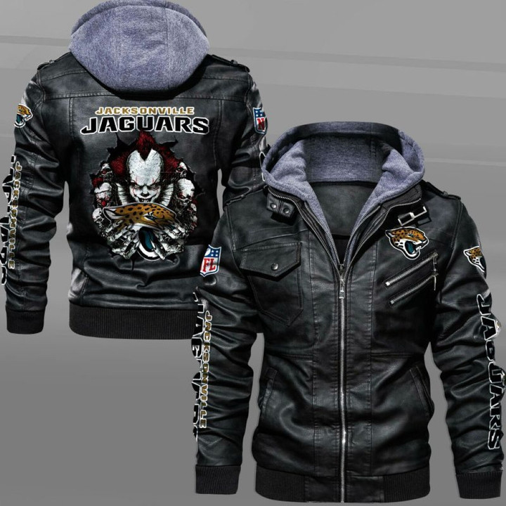 Men's Jacksonville-Jaguars Leather Jacket With Hood, Pennywise Jacksonville-Jaguars Black/Brown Leather Jacket Gift Ideas For Fan