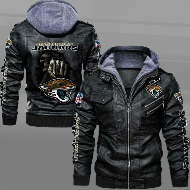 Men's Jacksonville-Jaguars Leather Jacket With Hood, Dead Skull Jacksonville-Jaguars Black/Brown Leather Jacket Gift Ideas For Fan