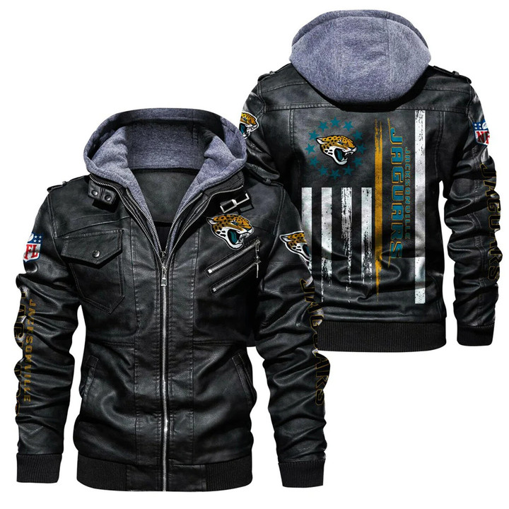 Men's Jacksonville-Jaguars Leather Jacket With Hood, American Flag Jacksonville-Jaguars Black/Brown Leather Jacket Gift Ideas For Fan