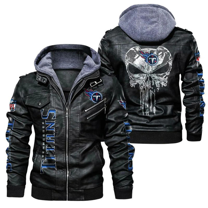 Men's Tennessee-Titans Leather Jacket With Hood, Skull Tennessee-Titans Black/Brown Leather Jacket Gift Ideas For Fan