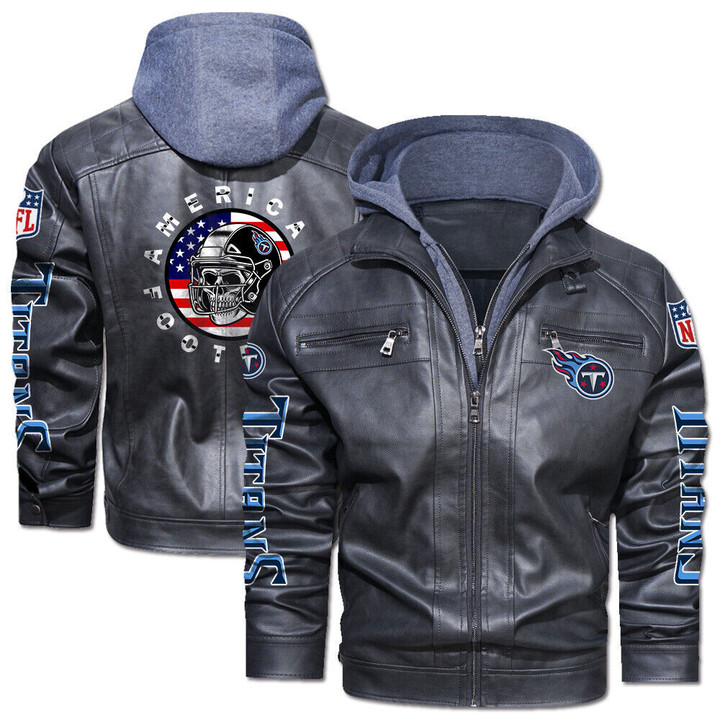 Men's Tennessee-Titans Leather Jacket With Hood, Skull Motorcycle Tennessee-Titans Black/Brown Leather Jacket Gift Ideas For Fan