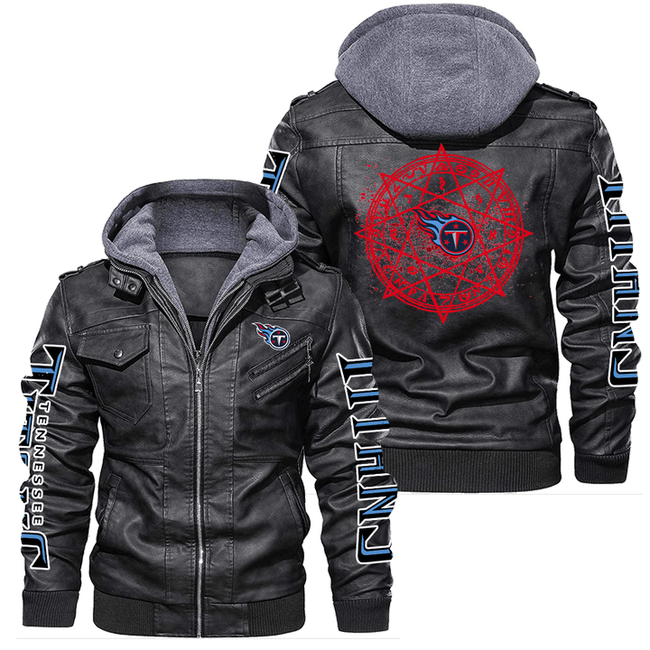 Men's Tennessee-Titans Leather Jacket With Hood, Vintage Badge Tennessee-Titans Black/Brown Leather Jacket Gift Ideas For Fan