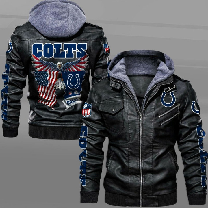 Men's Indianapolis-Colts Leather Jacket With Hood, Eagle American Flag Indianapolis-Colts Black/Brown Leather Jacket Gift Ideas For Fan