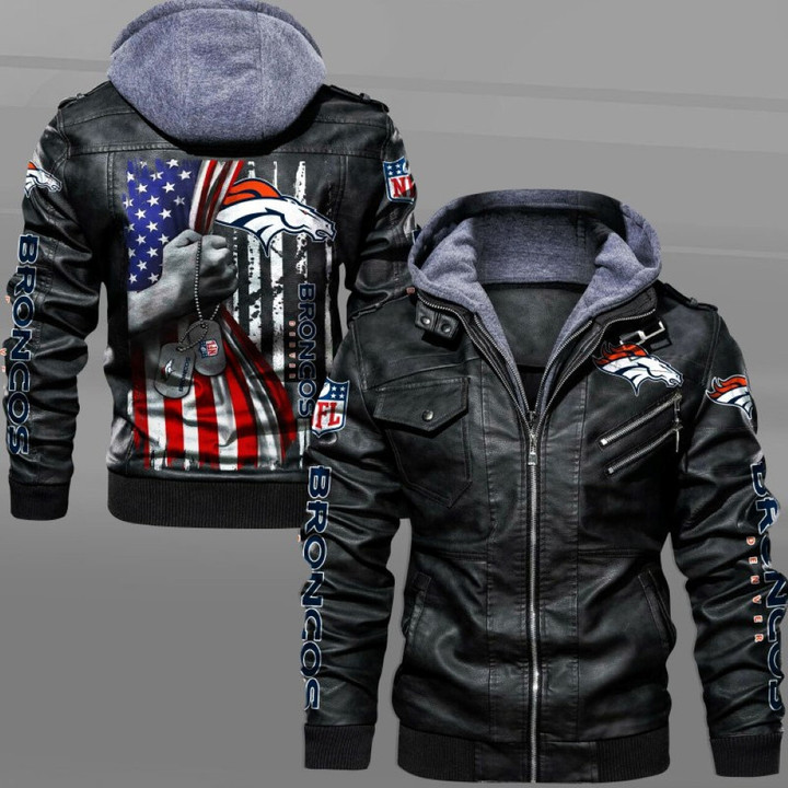 Men's Denver-Broncos Leather Jacket With Hood, Hold American Flag Denver-Broncos Black/Brown Leather Jacket Gift Ideas For Fan