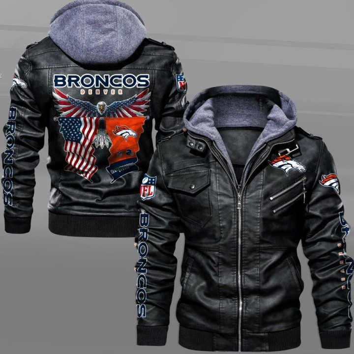 Men's Denver-Broncos Leather Jacket With Hood, Eagle American Flag Denver-Broncos Black/Brown Leather Jacket Gift Ideas For Fan