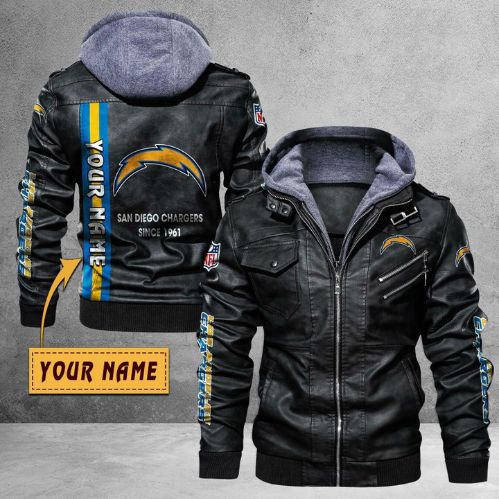 Men's Los-Angeles-Chargers Leather Jacket With Hood, Custom Name Since 1961 Los-Angeles-Chargers Black/Brown Leather Jacket Gift Ideas For Fan