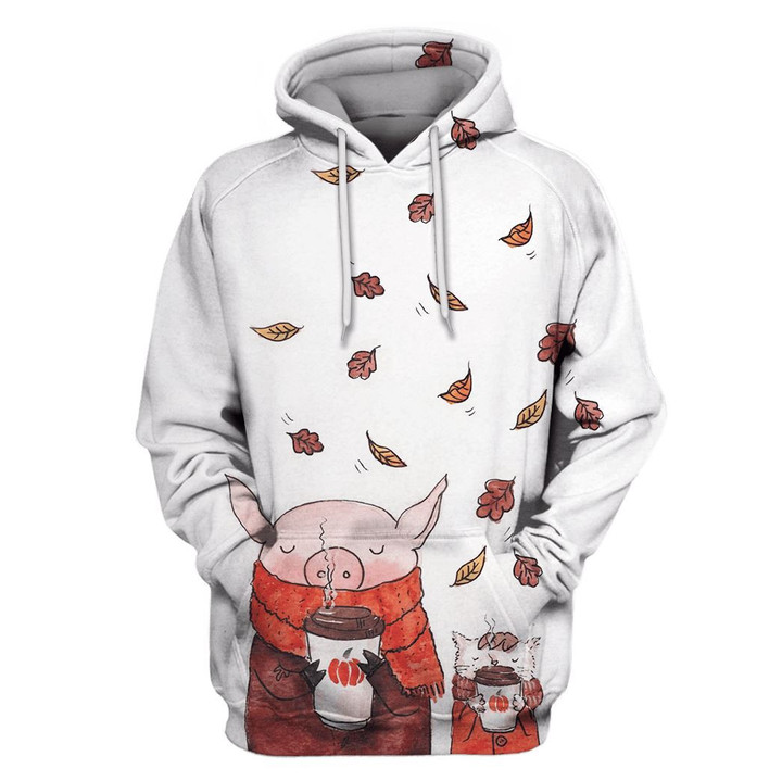 Hoodie Zip Hoodie Pig drinking tea Custom T-shirt - Hoodies Apparel