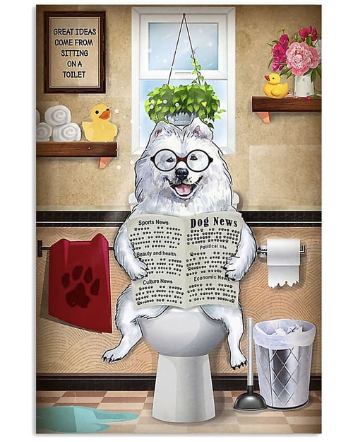 Great Pyrenees Wear A Glass Sitting On A Toilet And Reading Newspaper Vertical Canvas Poster