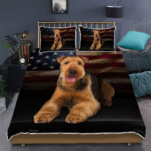 Funny Airedale Terrier Lie On America Flag Quilt Bed Set