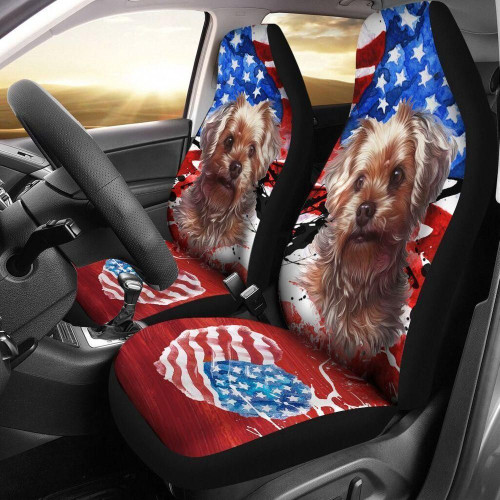 Energetic Yorkshire Terrier With America Flag Car Seat Cover