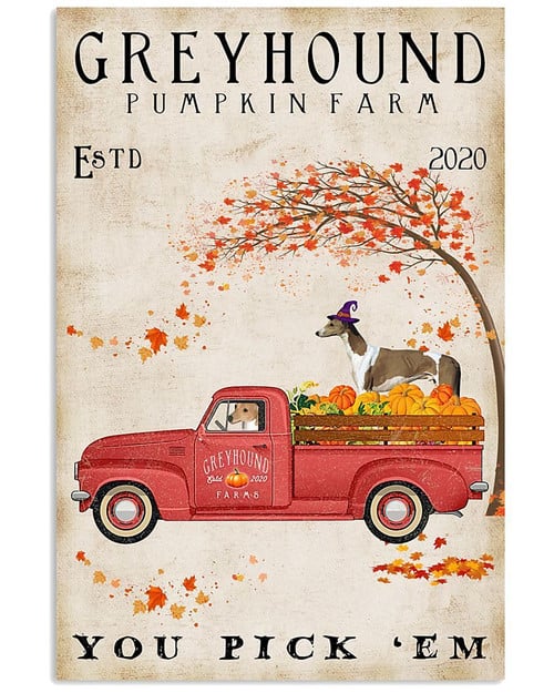 Greyhound Wear Halloween Hat Drive A Car Which Is Pumpkin Farm Vertical Canvas Poster