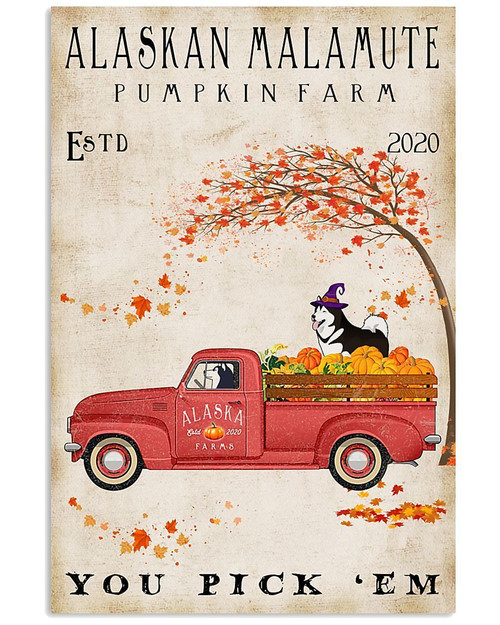 Alaska Malamute Wear  Halloween Hat And Drive A Pumpkin Car Vertical Canvas Poster