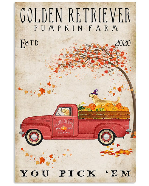 Golden Retriever Wear Halloween Hat Drive A Car Which Is Pumpkin Farm Vertical Canvas Poster