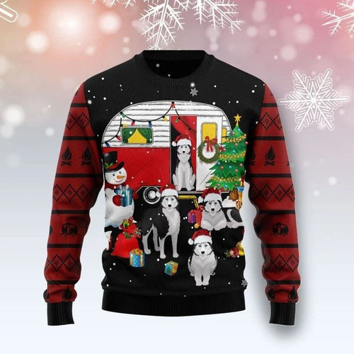 Lovely Siberian Husky Dog Family With Camping Car And Snowman Gift For Christmas Ugly Christmas Sweater