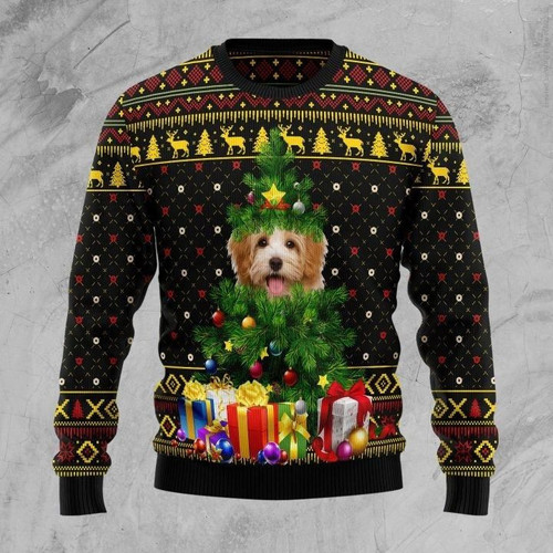 Lovely Goldendoodle Wear Pine Hat And Colorful Box Gift For Christmas Ugly Christmas Sweater