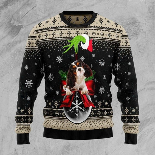 Lovely Black And Brown Cavalier King Spaniel Dog On Snowball Gift For Christmas Ugly Christmas Sweater