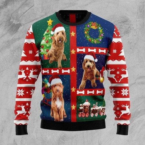 Lovely Goldendoodle Dog In Three Positions And Crown Gift For Christmas Ugly Christmas Sweater