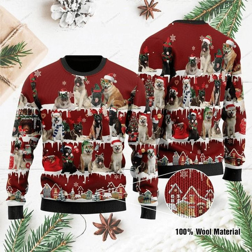 Lovely Akita Dog Family In Winter Gift For Christmas Ugly Christmas Sweater
